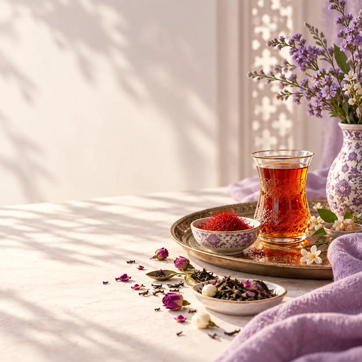 A modern Iranian tea setting with two tea glasses, a pale porcelain teapot and saffron rock sugar