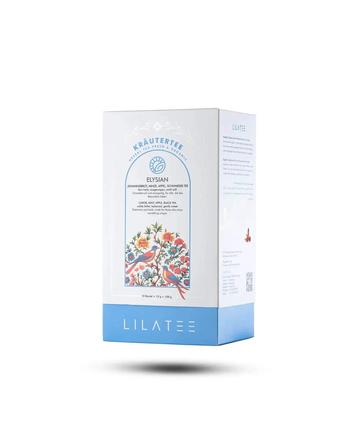 Elysian  Infusion LILA TEE Johannisbrot, Minze, Apfel, Schwarzer Tee Produktverpackung Frontansicht