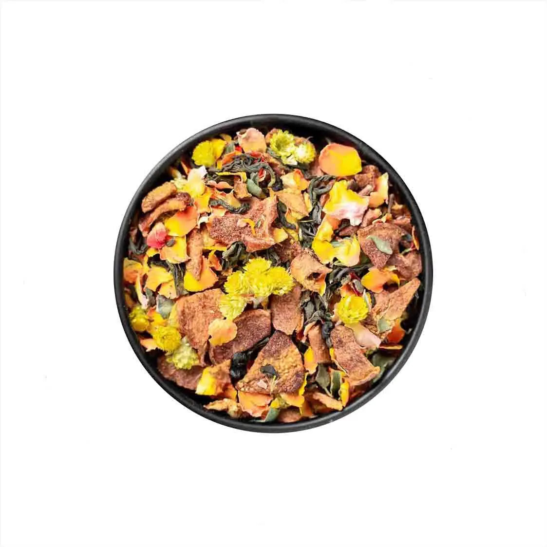 Golden Smile - Lila Tee Grüner Tee, Birne, Stevia Blätter, Rosenblüten