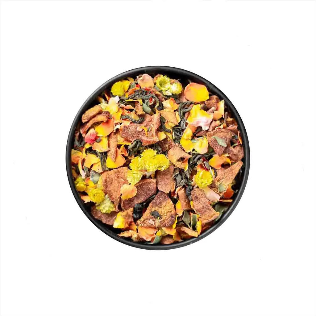 Golden Smile - Lila Tee Grüner Tee, Birne, Stevia Blätter, Rosenblüten