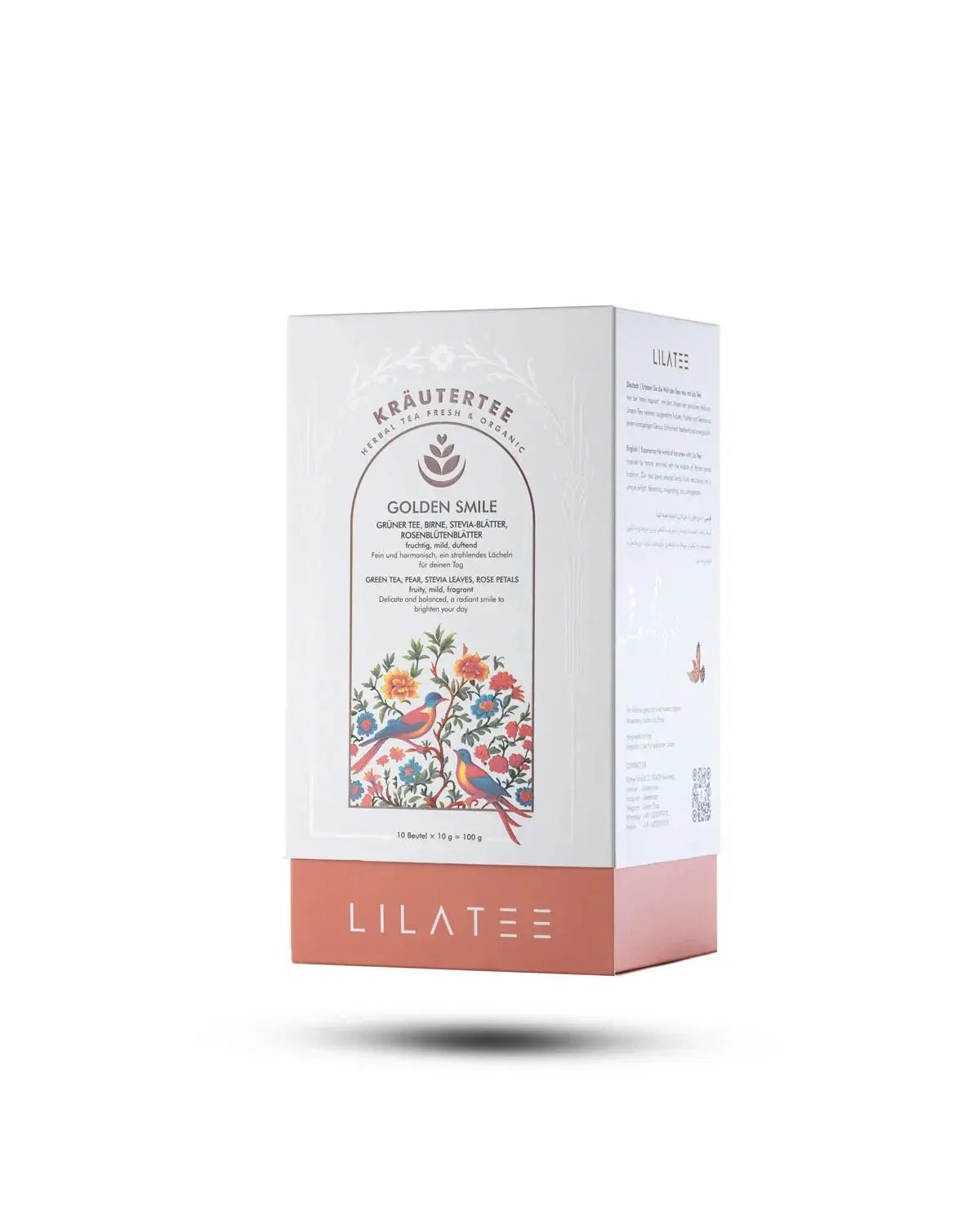 Golden Smile - Lila Tee Grüner Tee, Birne, Stevia Blätter, Rosenblüten Verpackung