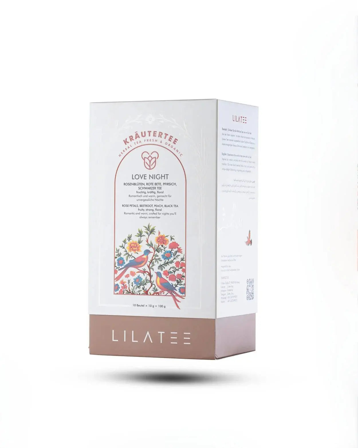 Love Night LILA TEE Infusion  Schwarzer Tee Pfirsich Rosenblüten Produktverpackung Frontansicht