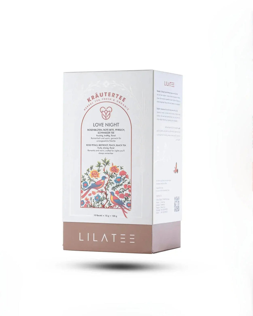 Love Night LILA TEE Infusion  Schwarzer Tee Pfirsich Rosenblüten Produktverpackung Frontansicht