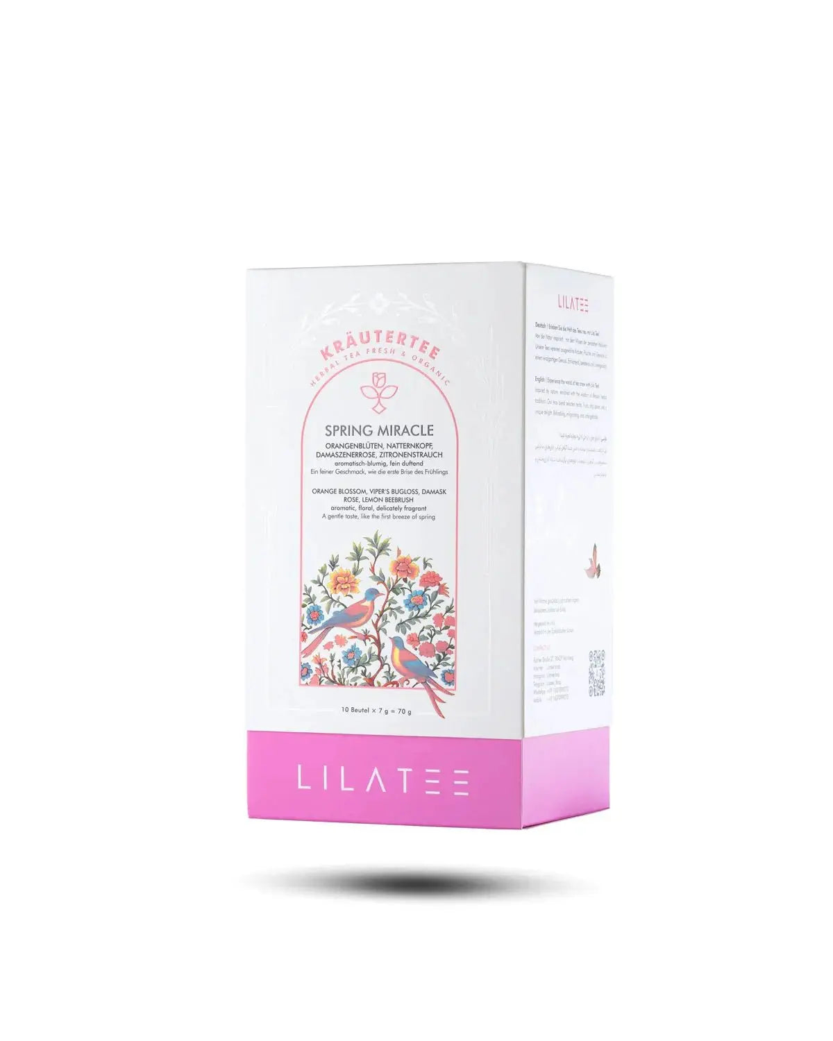 Spring Miracle  LILA TEE Orangenblüten, Malvenblüten & Damaszenerrose Produktverpackung Frontansicht